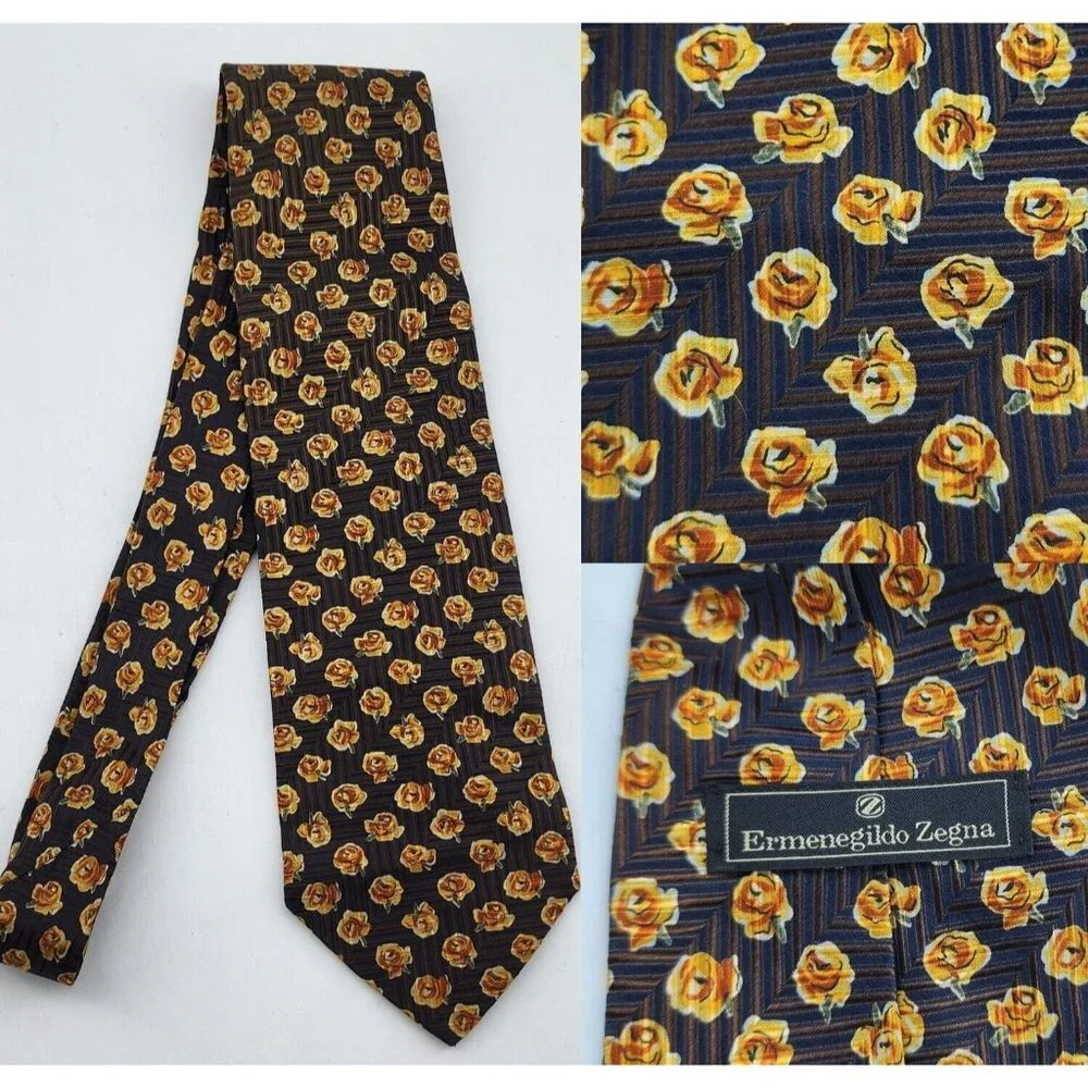Ermenegildo Zegna Gold Rose Floral Pattern Neck Tie 100% Silk Italy‎ Made